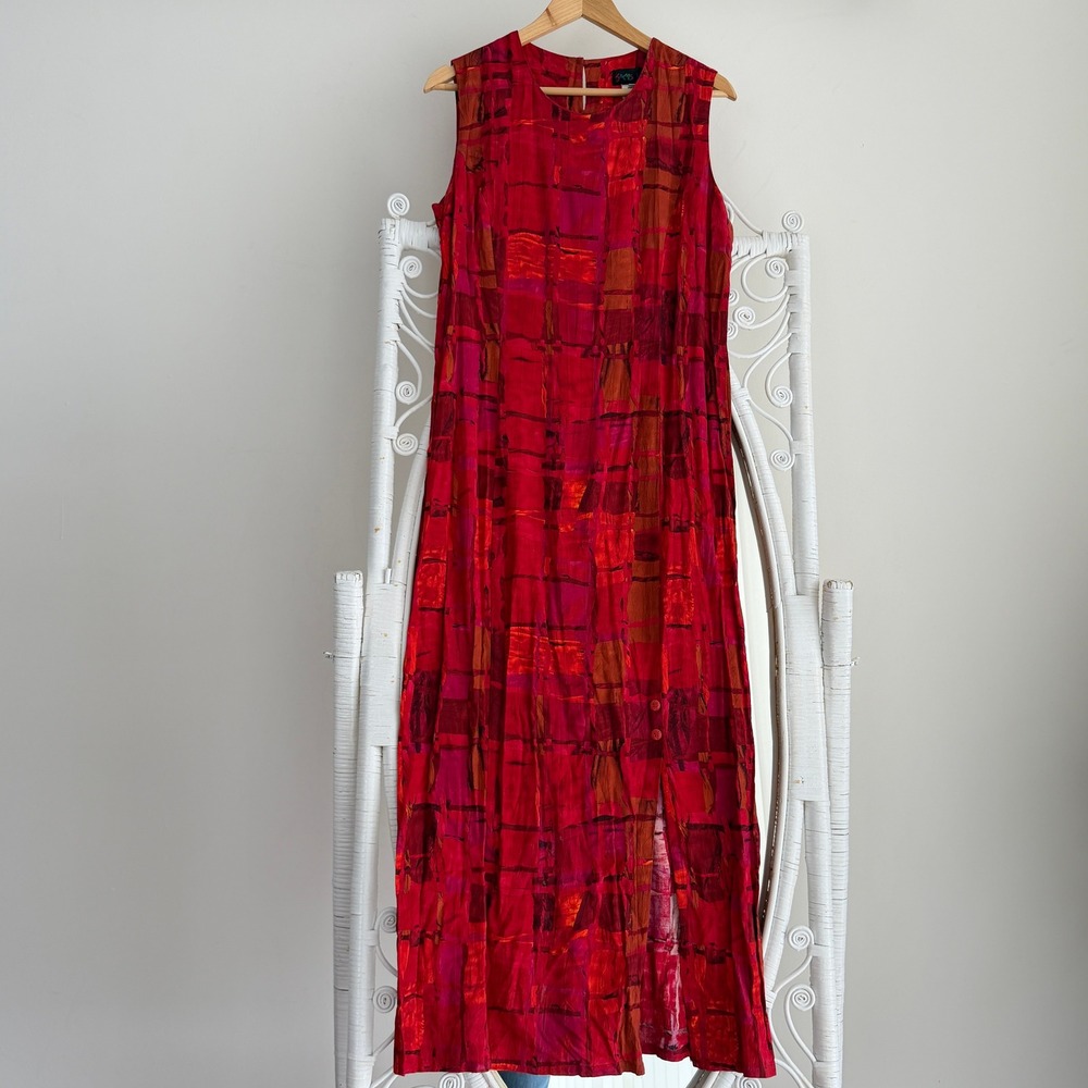 Jams World Dress XL Red Abstract Grid Print Rayon Maxi Sundress Hawaii Mod Retro